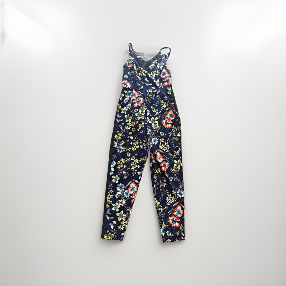 Zara Basic Navy Floral V-Neck Sleeveless Strappy Zip Viscose Jumpsuit, Women's L